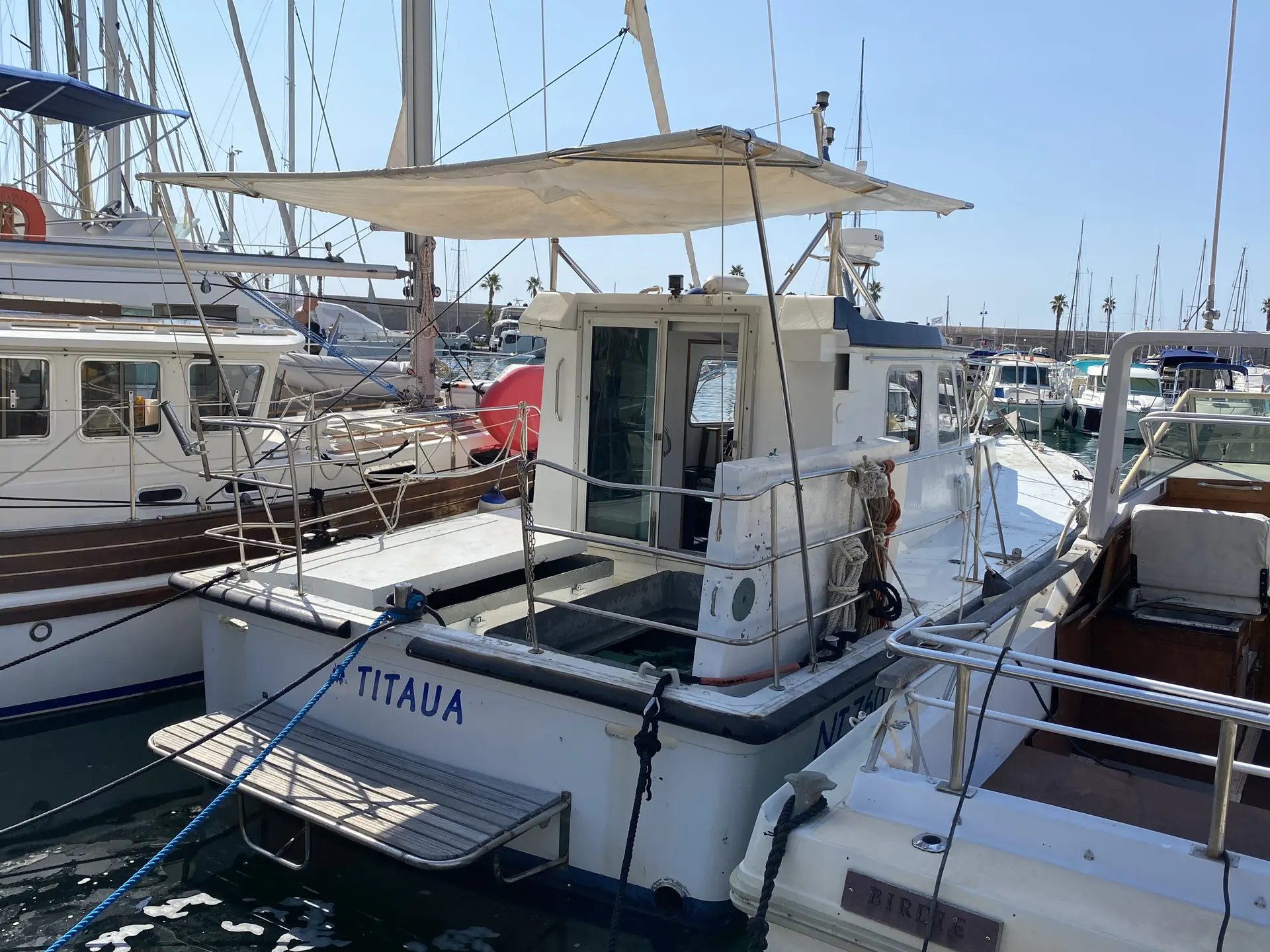 Polymer Vedette — Bateau à moteur blanc amarré dans une marina, vu de trois quarts arrière.