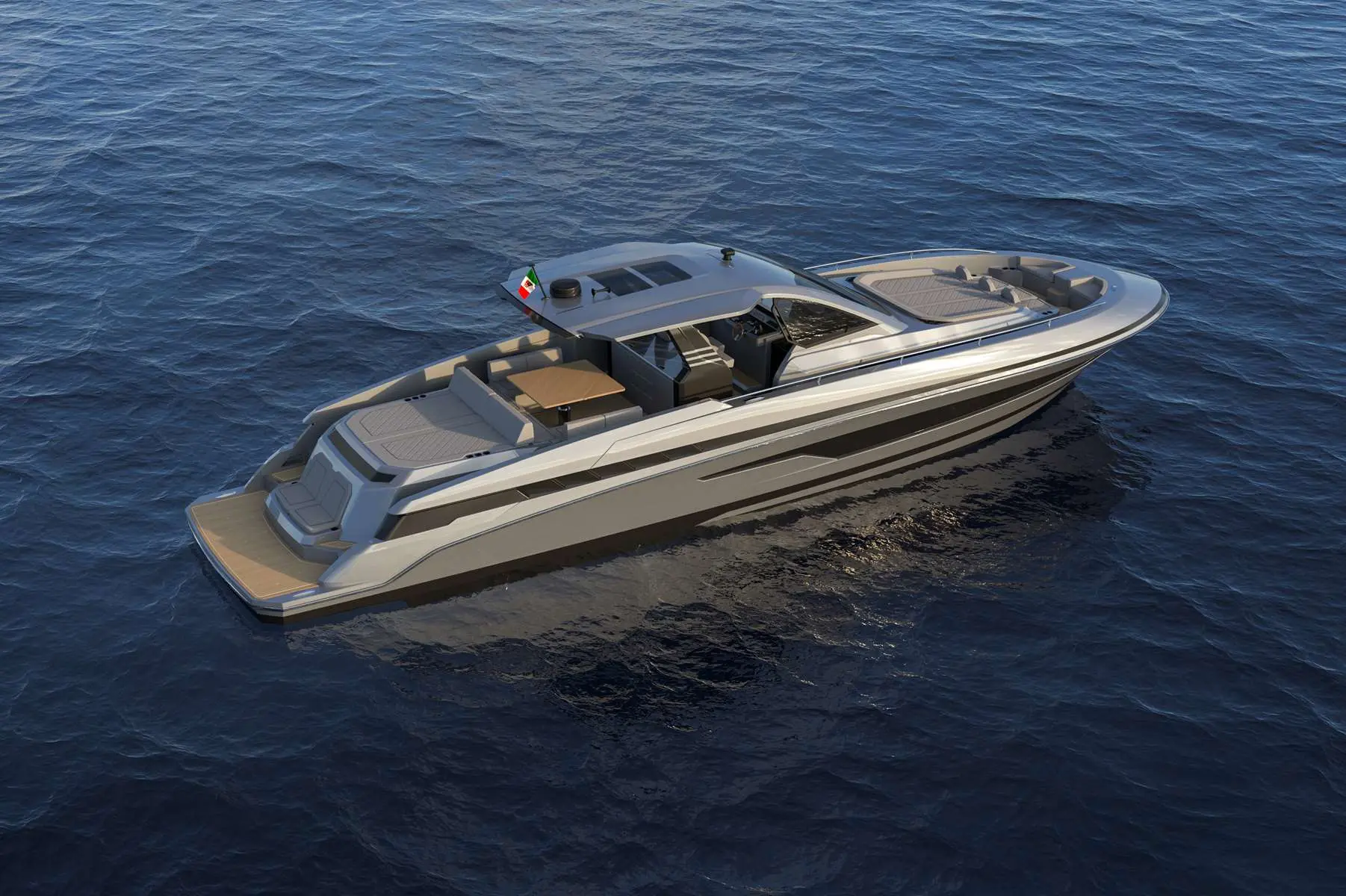 Canados 571 Gladiator Blade — Vue aérienne en trois quarts d’un bateau à moteur naviguant en mer