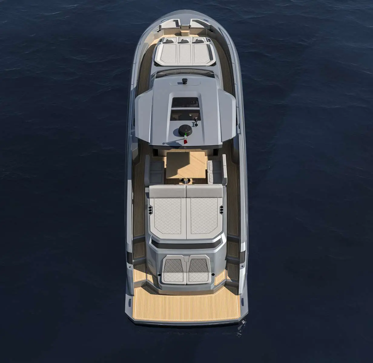 Canados 571 Gladiator Blade — Vue aérienne d’un yacht blanc avec plusieurs espaces de détente sur le pont.