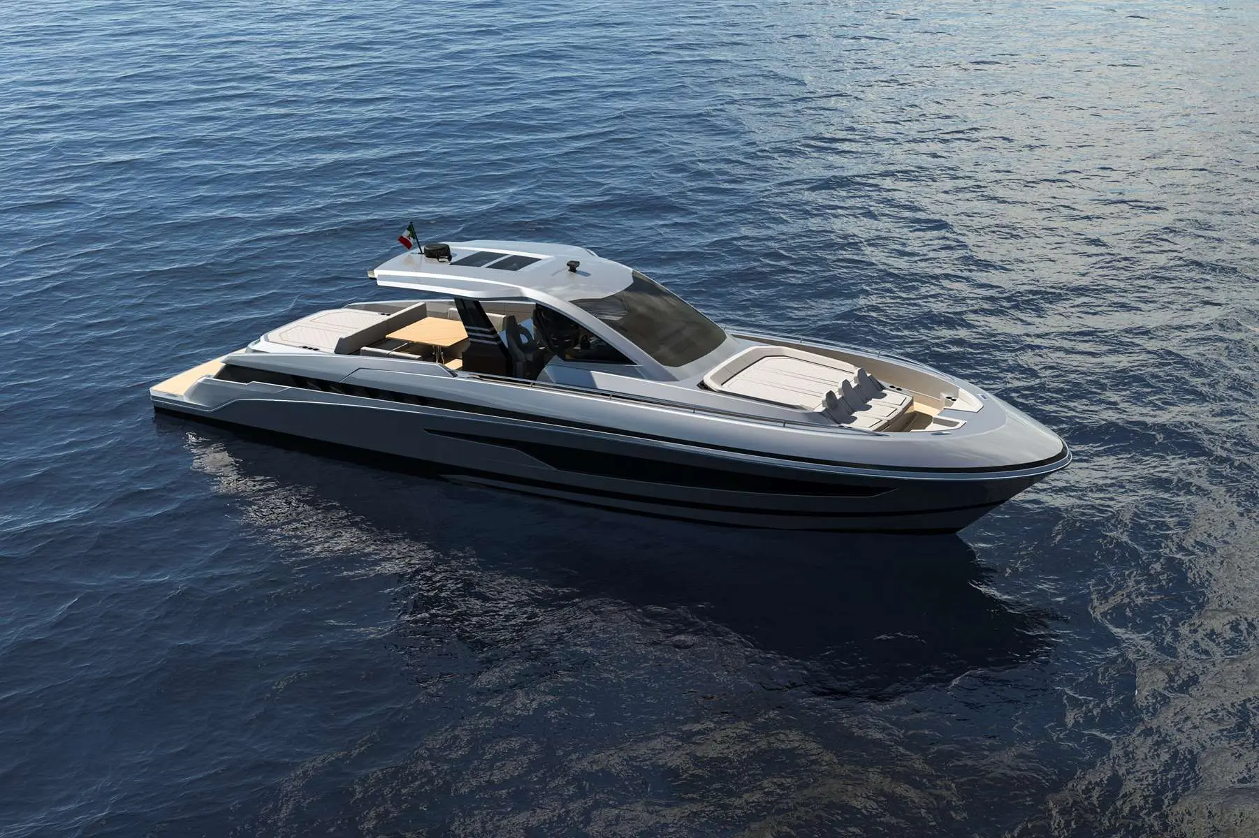 Canados 571 Gladiator Blade — Bateau à moteur gris vu de trois quarts sur une mer calme.