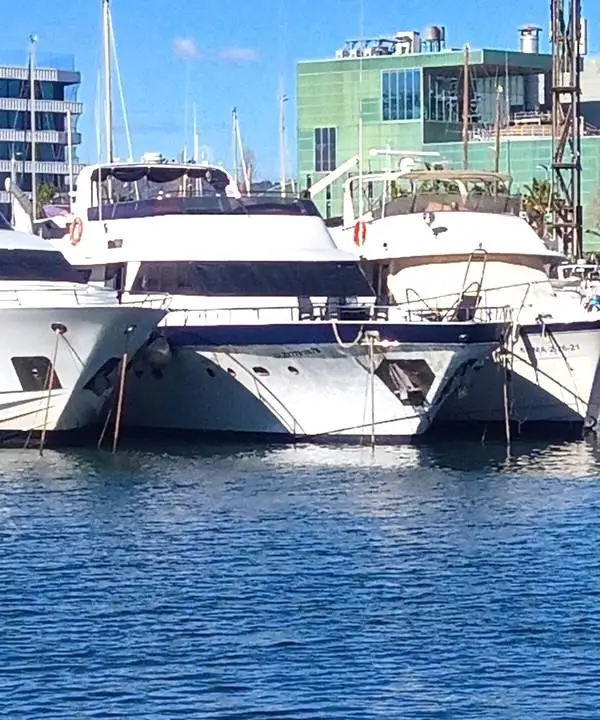 Viudes 78 — Bateau à moteur amarré dans une marina, vu de face entre d'autres embarcations.