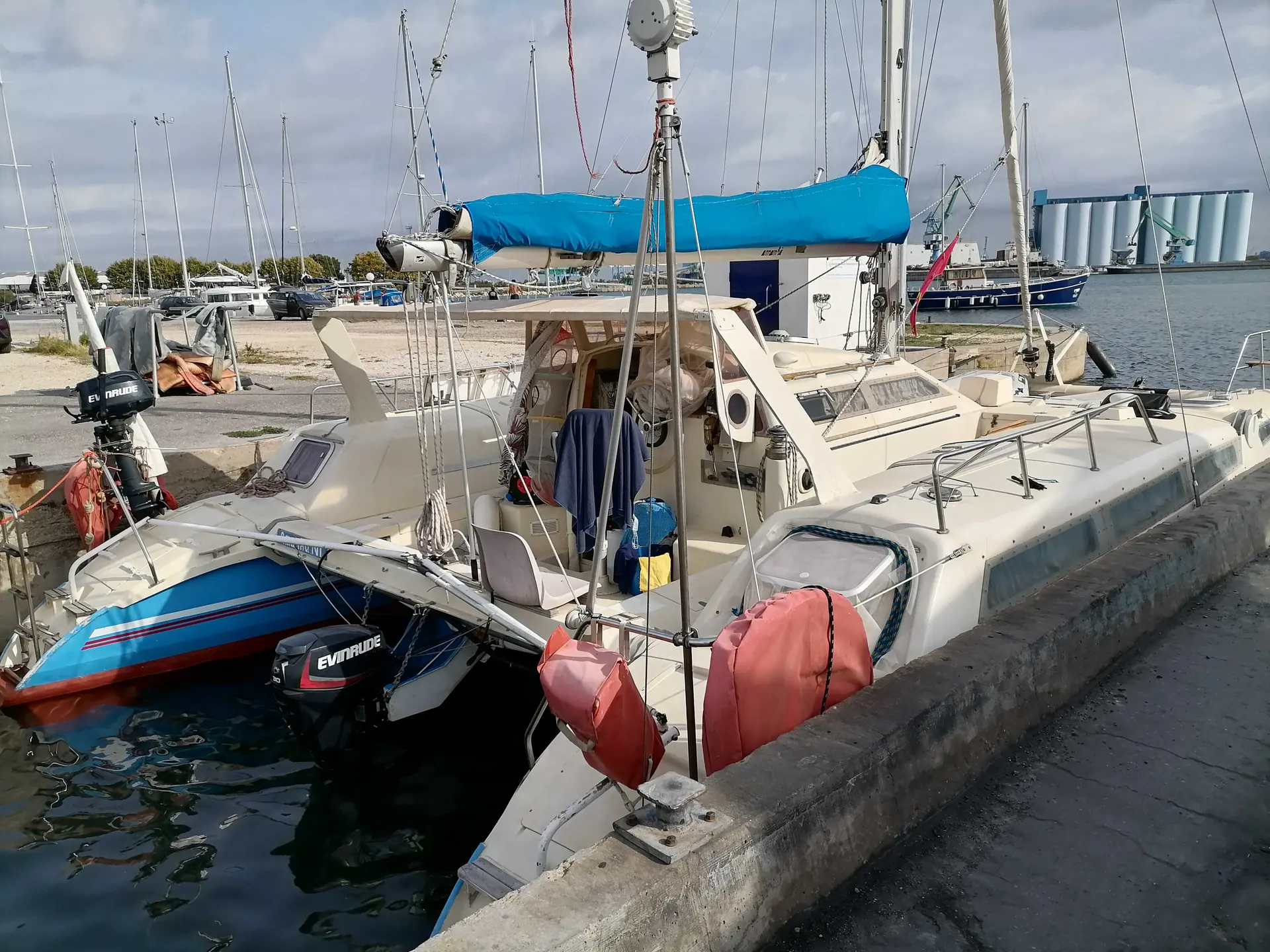 Edel Cat 35 — Catamaran blanc amarré au port, vu de trois quarts depuis le quai.
