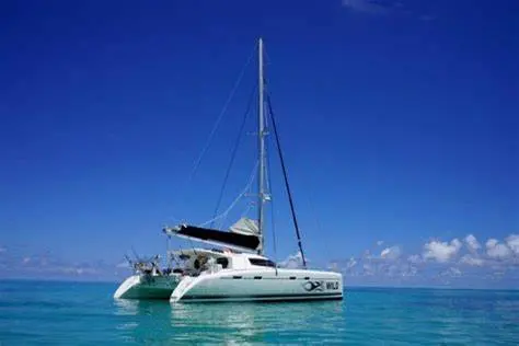 Nautitech 47 — Catamaran blanc au mouillage sur une mer turquoise, sous un ciel dégagé.
