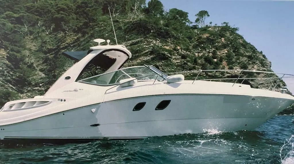 Sea Ray 335 — Bateau à moteur blanc vu de profil sur une eau agitée, devant une côte boisée.