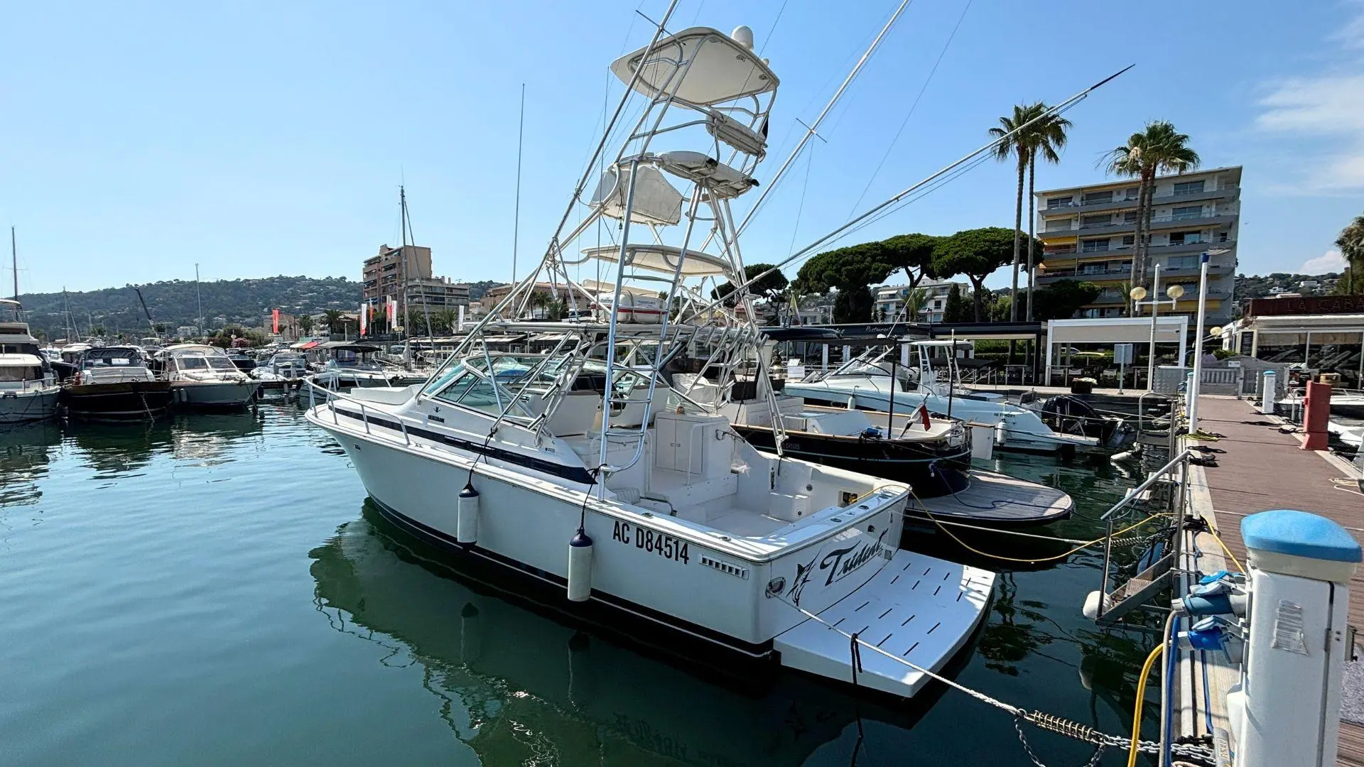 Bertram 36 Moppie — Bateau de pêche blanc amarré dans un port de plaisance, vu de trois quarts.