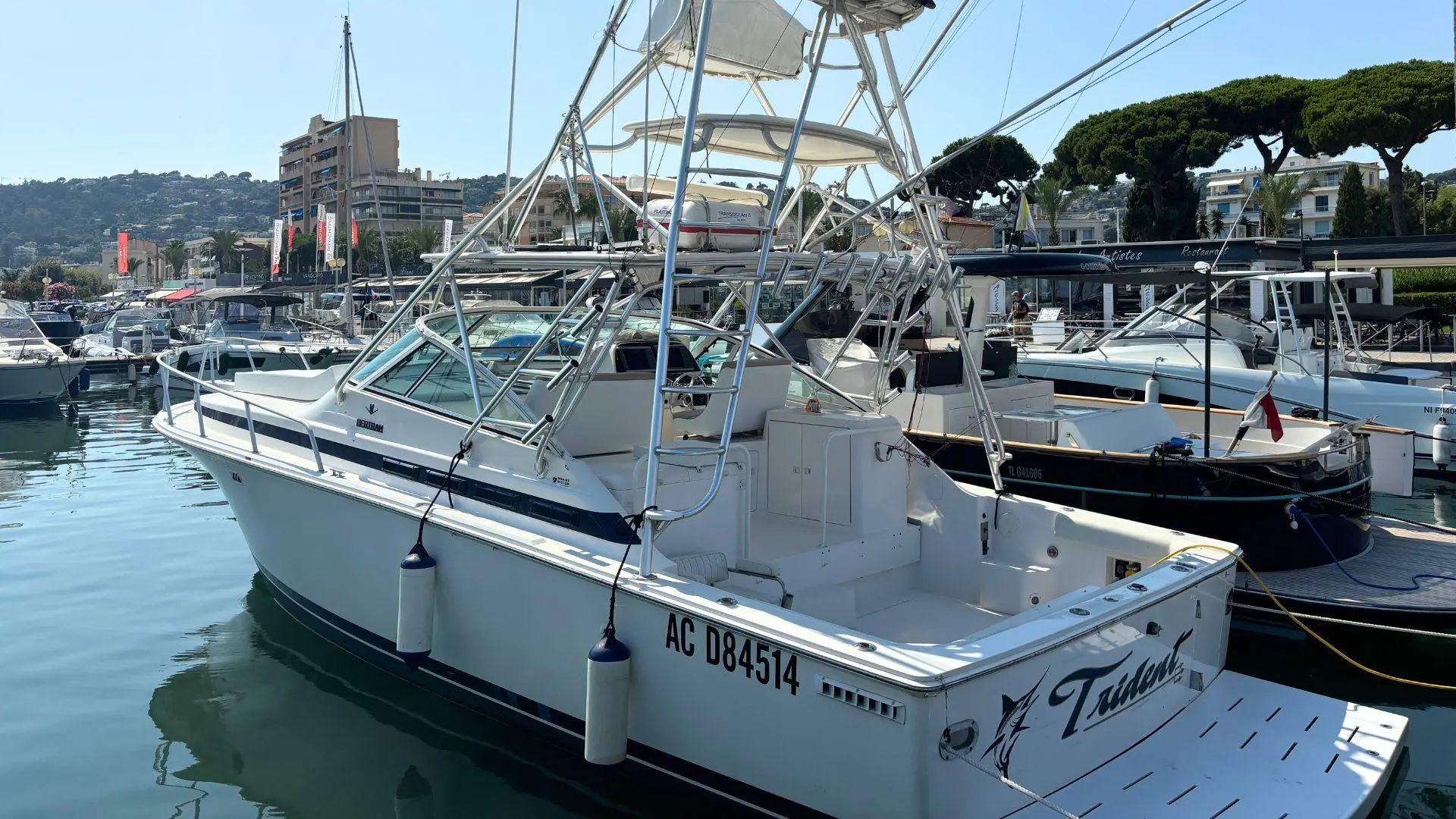 Bertram 36 Moppie — Bateau à moteur blanc amarré dans un port, vu de trois quarts arrière.