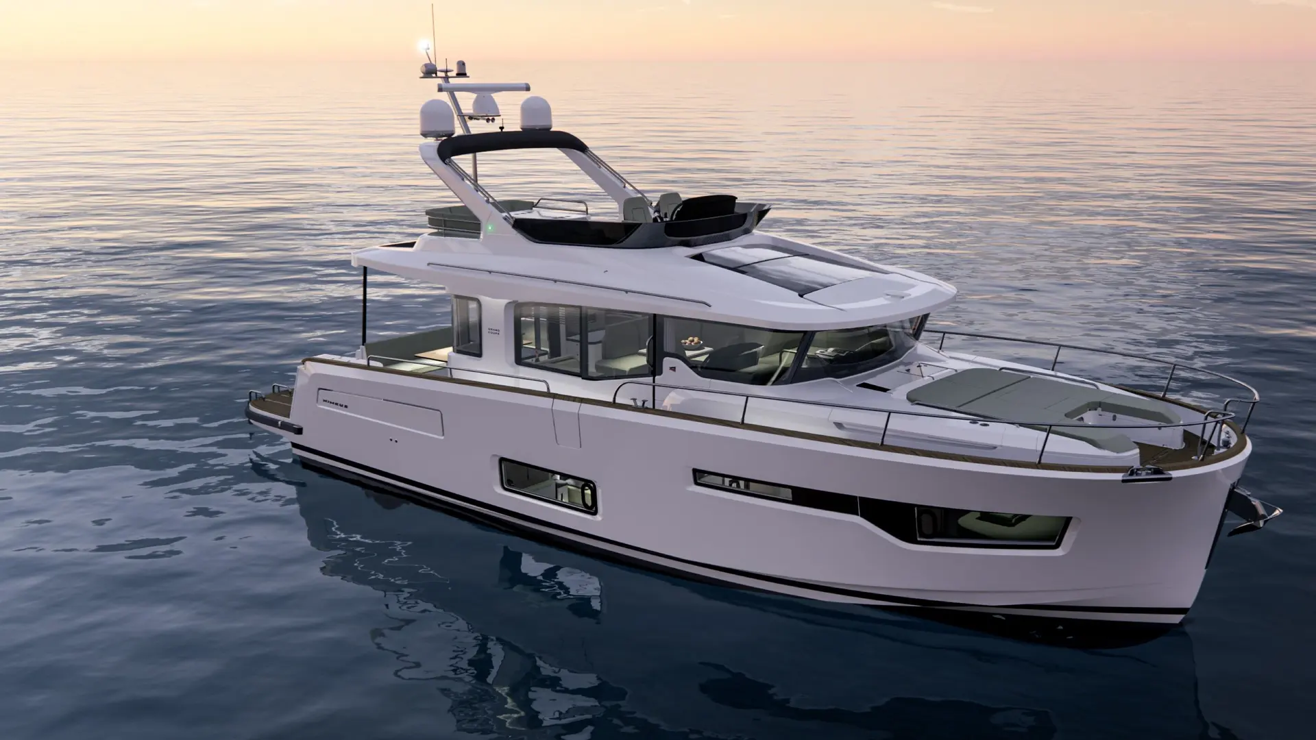 Nimbus 495 — Bateau à moteur blanc vu de trois quarts sur une mer calme au coucher du soleil.