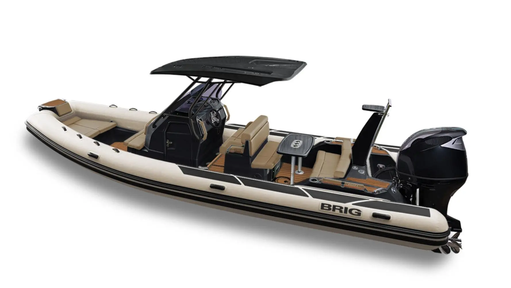 Brig Eagle 8 — Semi-rigide vu de trois quarts, avec console centrale, sièges et moteur hors-bord.