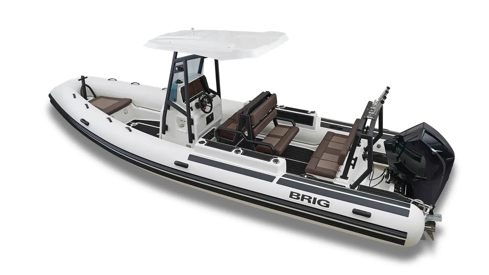 Brig Navigator 24 — Bateau pneumatique à console centrale, toit rigide et moteur hors-bord noir.