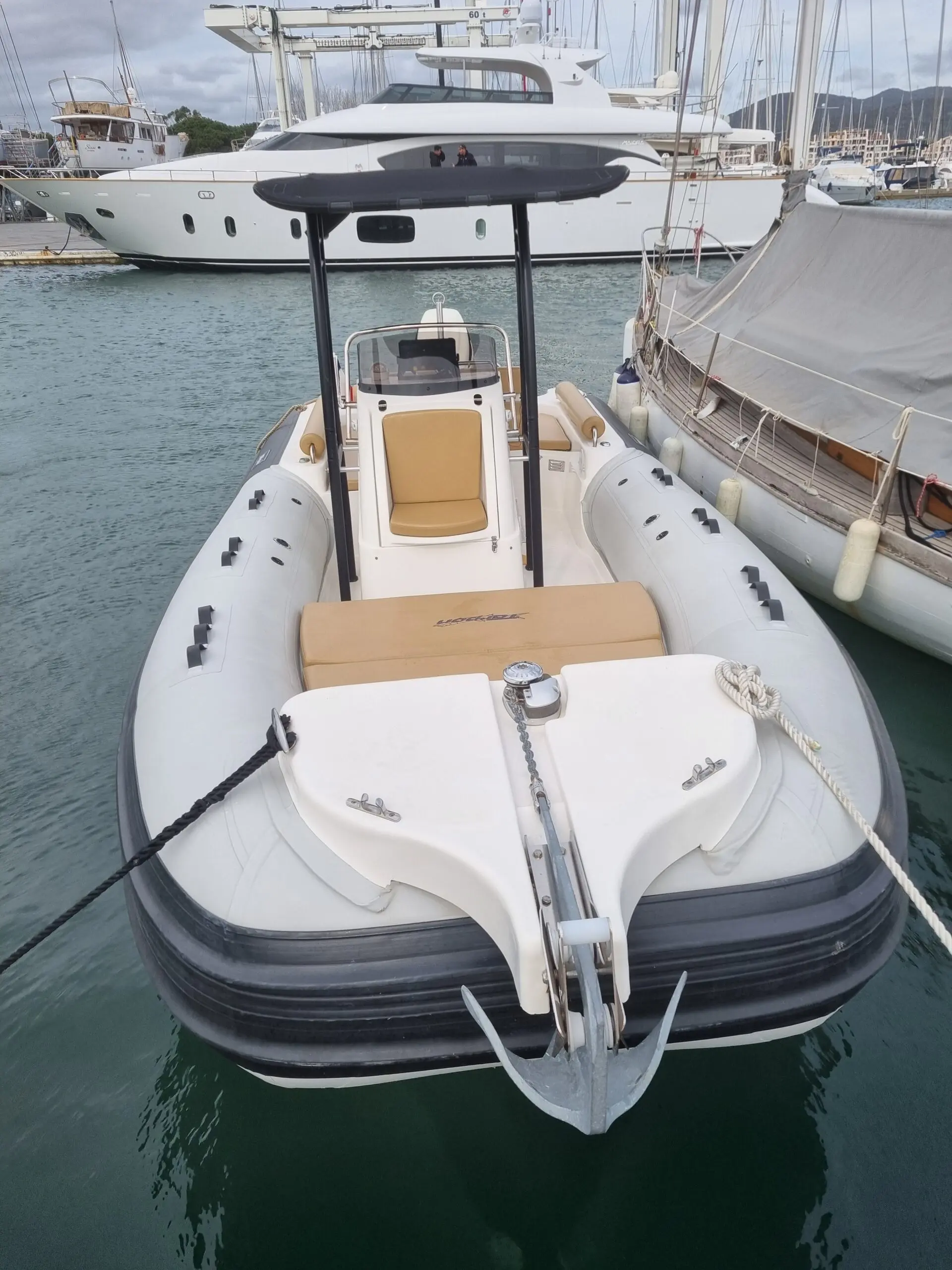 Tarpon 790 Lx — Vue arrière d’un semi-rigide amarré dans une marina, avec console et arceau noir.