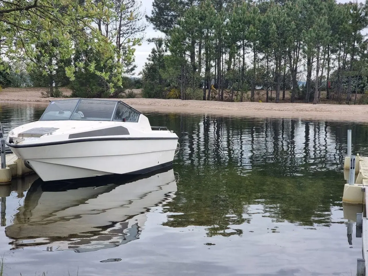 Rio 590 — Bateau à moteur blanc amarré devant une rive boisée.