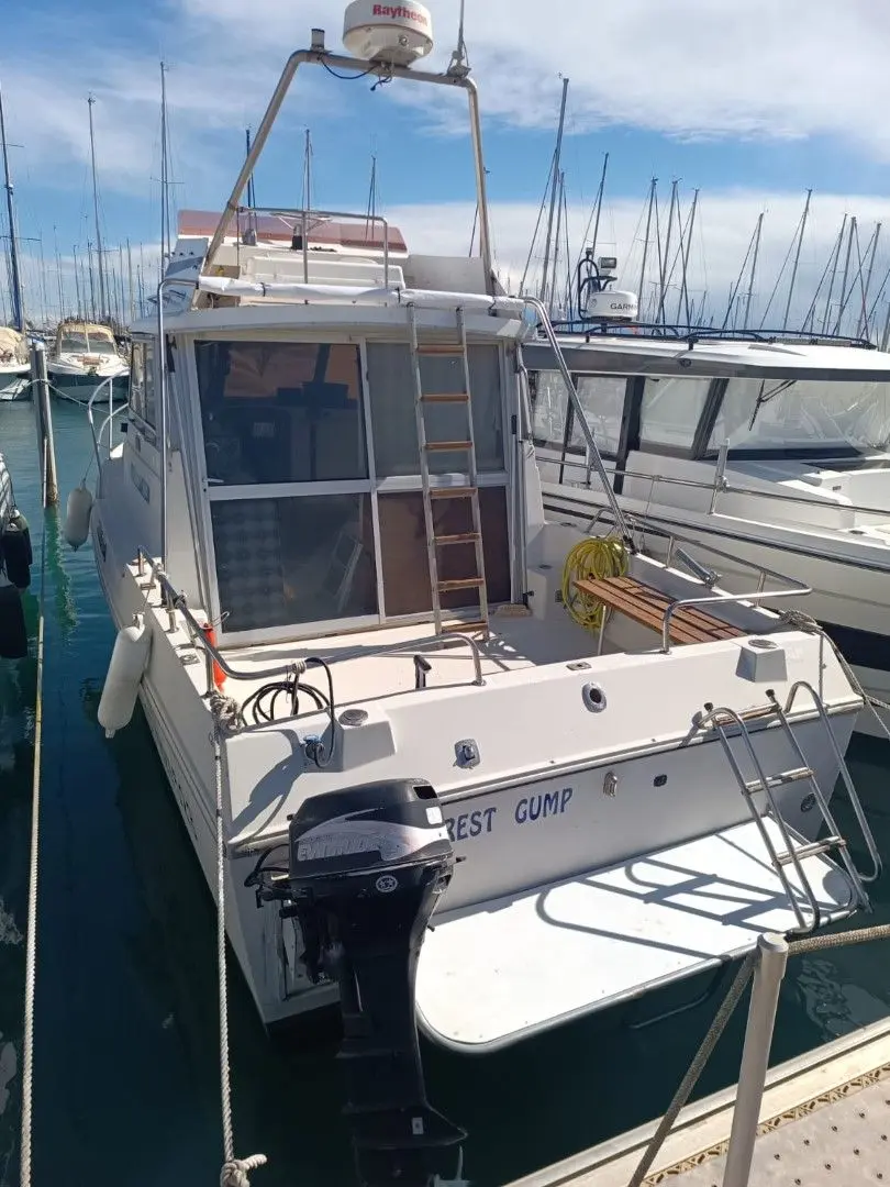 Artaban 800 — Vue arrière d’un bateau à moteur amarré dans un port.