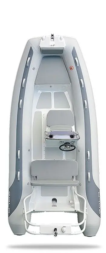 Gala Boats A450L — Vue de dessus d’un bateau pneumatique gris et blanc sur fond blanc.