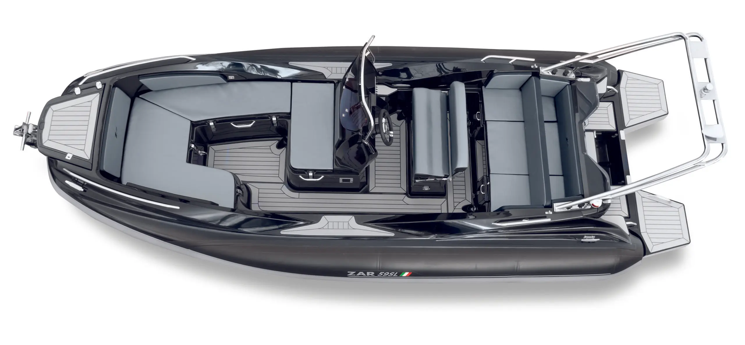 Zar Formenti Zar 59 Sl — Vue plongeante d’un semi-rigide noir et gris doté de plusieurs sièges.