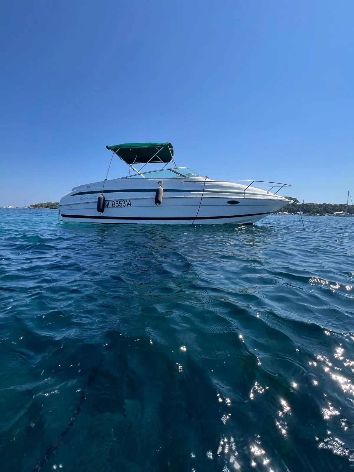 Chris Craft 245 — Bateau à moteur blanc photographié de profil sur une mer calme, avec taud vert.
