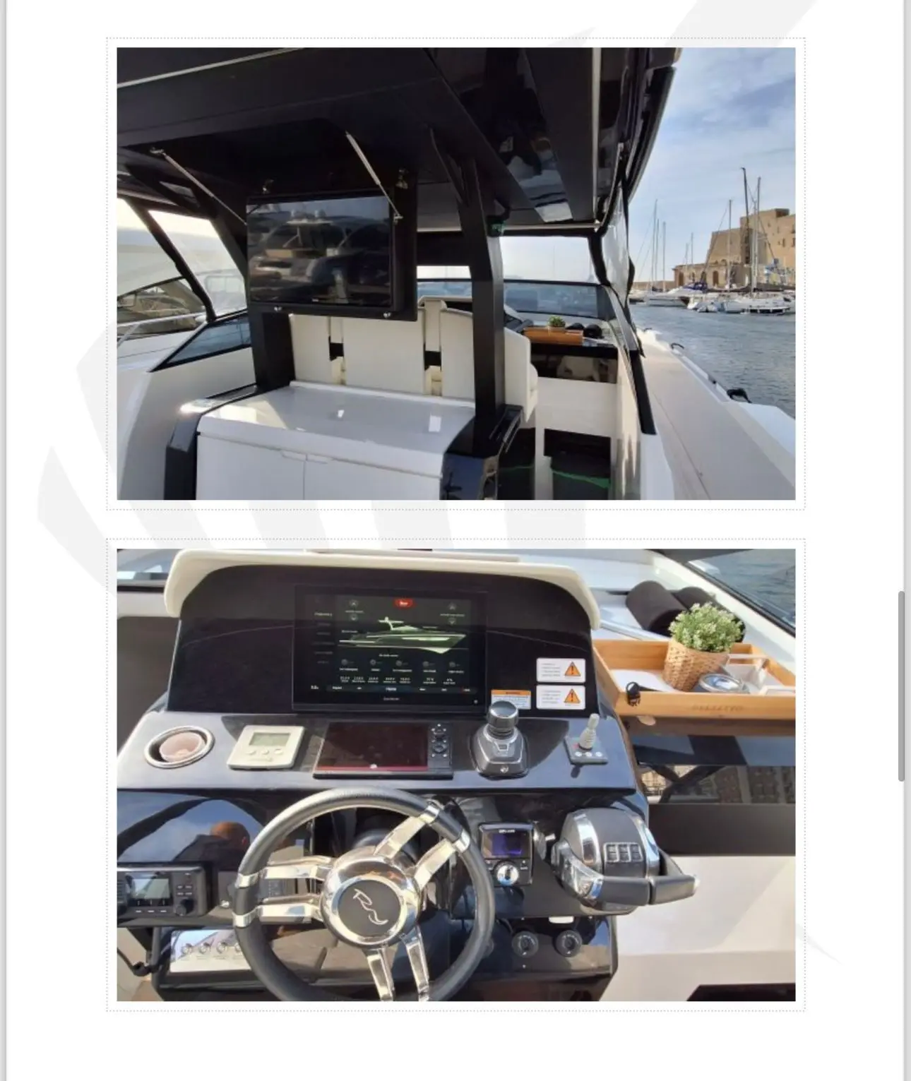 Rio Yachts Daytona 46 — Vue du poste de pilotage et du cockpit d’un bateau amarré dans un port.