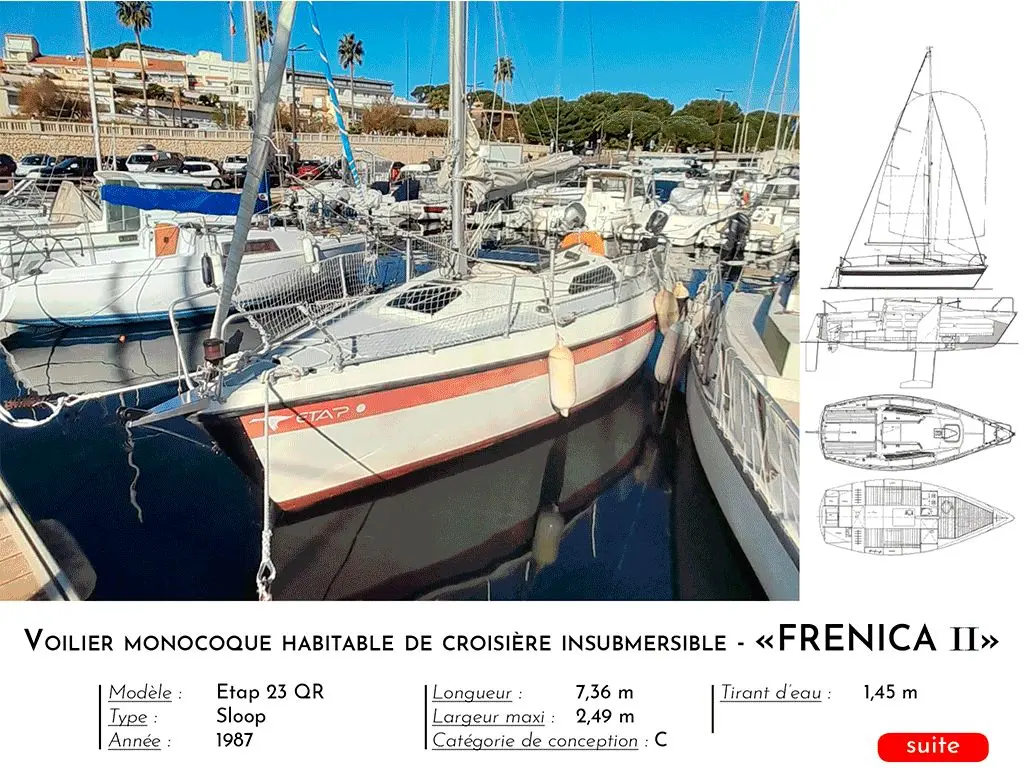 Etap 23 — Voilier amarré dans un port, accompagné de plans et de caractéristiques imprimés.