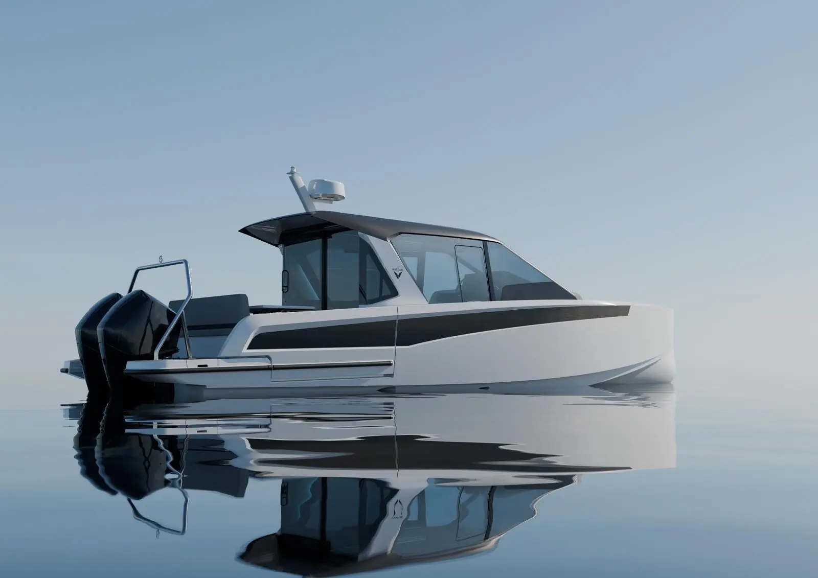 Virtue V10 — Vue latérale d’un bateau à moteur blanc sur une eau calme.