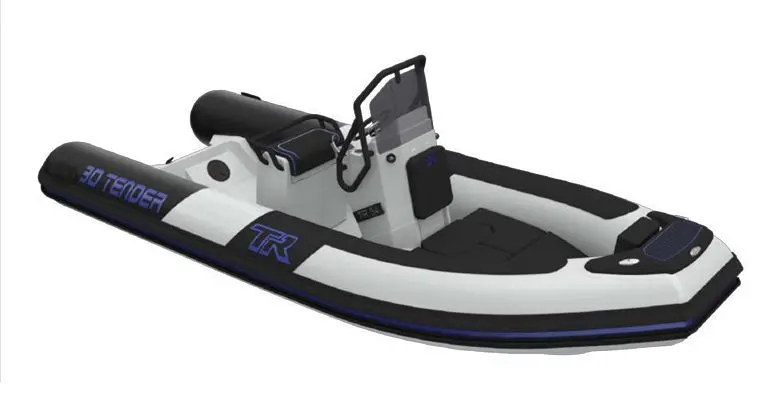 3D Tender TR54 EDITION LIMITEE — Bateau semi-rigide blanc et noir vu de trois quarts sur fond blanc.