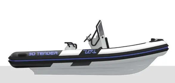 3D Tender TR54 EDITION LIMITEE — Bateau pneumatique vu de profil sur fond blanc, avec console centrale et flotteurs noirs.