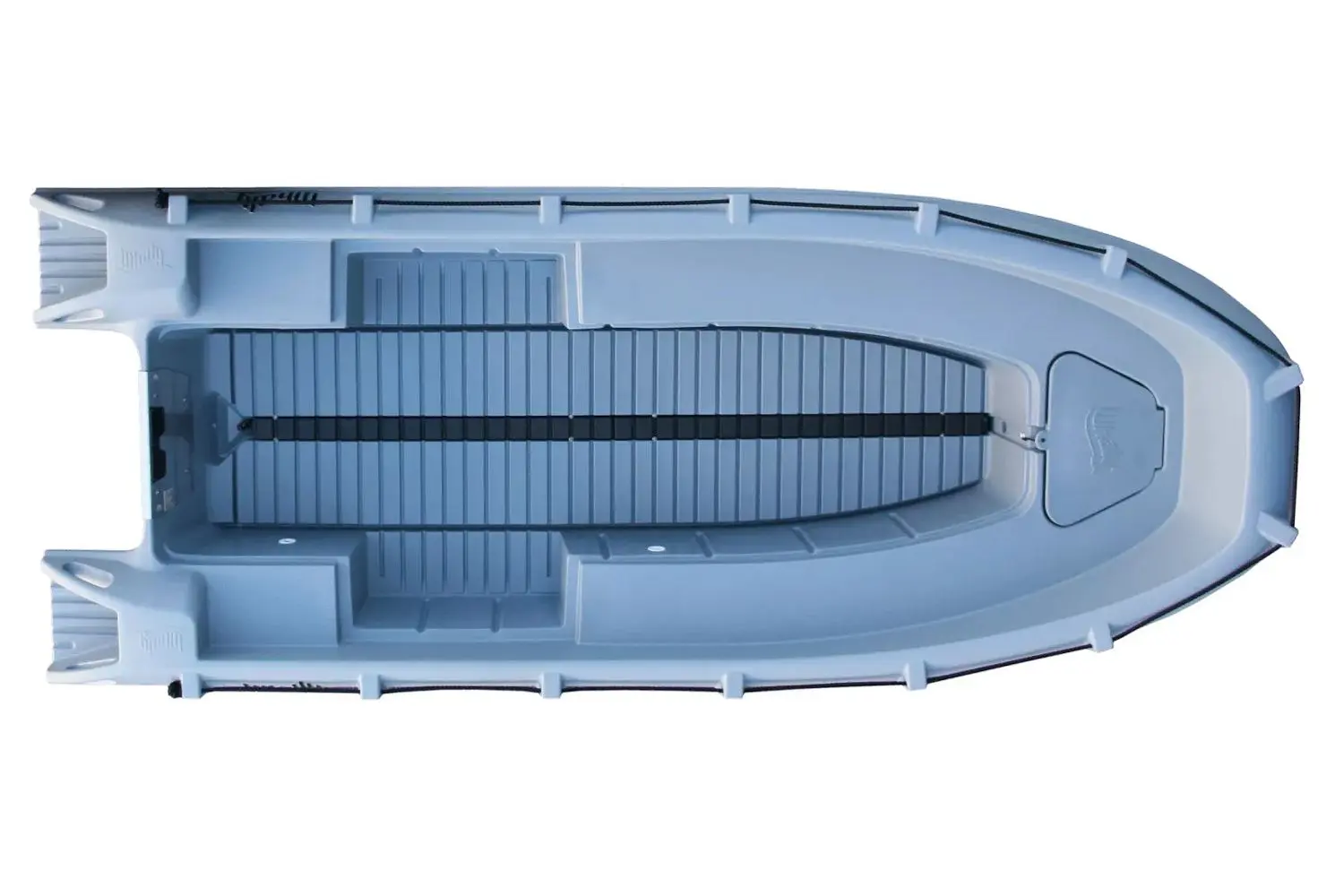 Whaly 435 — Vue aérienne de l’intérieur ouvert d’un petit bateau gris