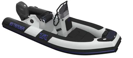 3D Tender TR 54 — Bateau semi-rigide blanc et noir vu de trois quarts sur fond blanc.