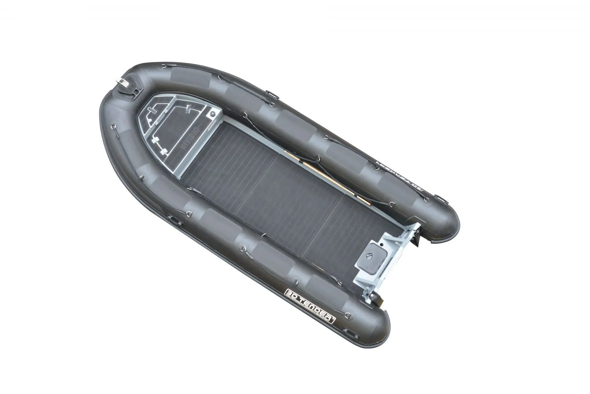 3D Tender NIVIDIC 460 — Vue plongeante d’un bateau pneumatique gris avec plancher noir et tableau arrière.