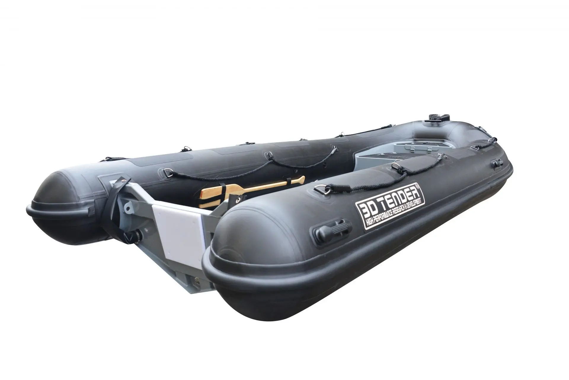 3D Tender NIVIDIC 460 — Bateau pneumatique noir présenté sur fond blanc, vu en trois quarts avant.