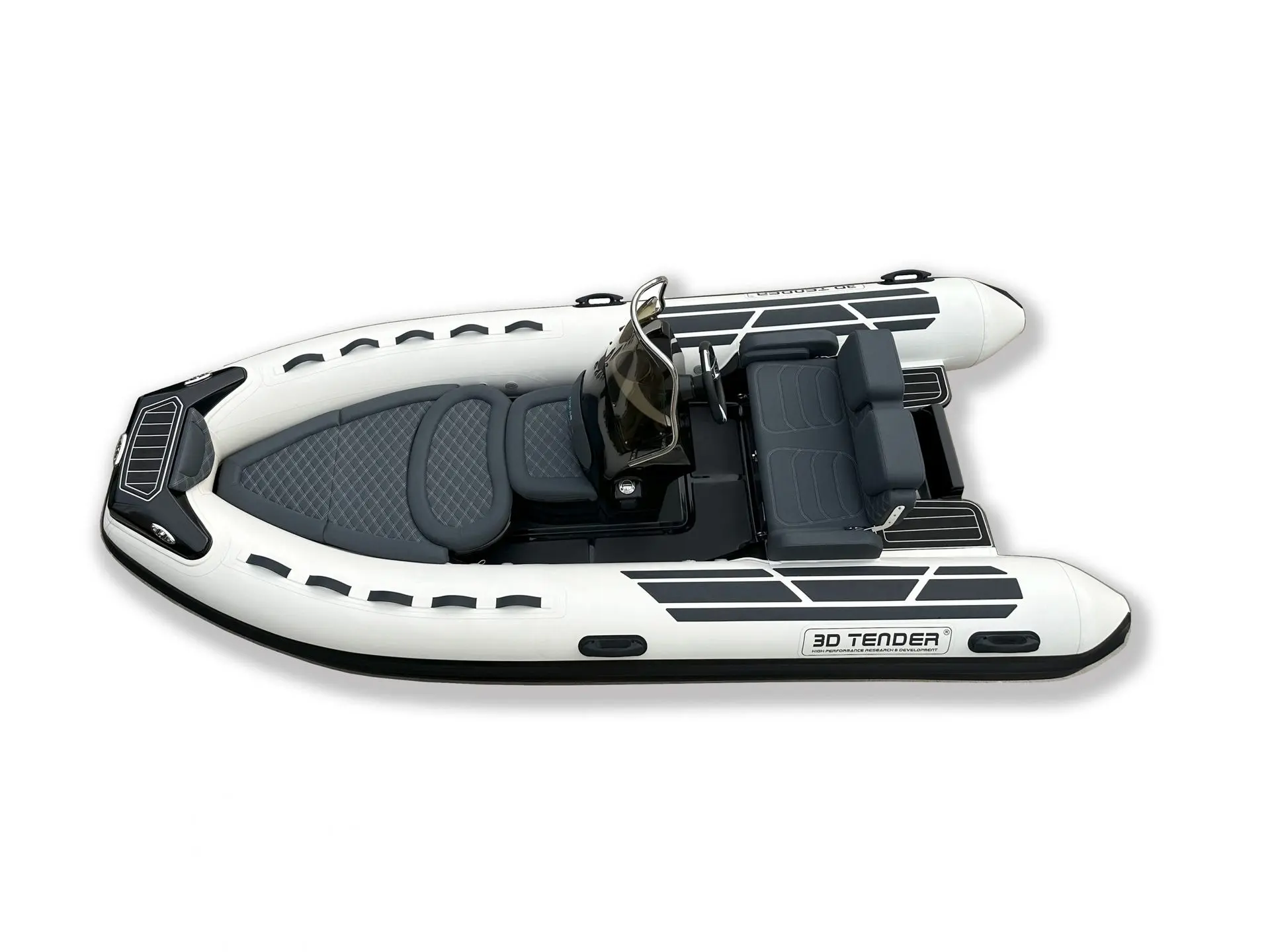 3D Tender Dream 440 — Bateau pneumatique blanc et gris vu du dessus, avec console centrale et sièges.