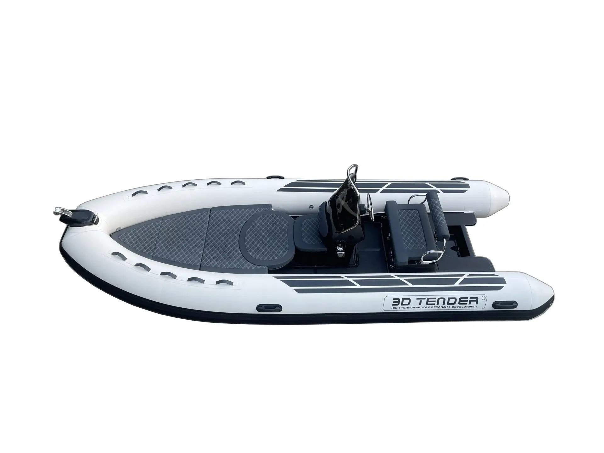 3D Tender Dream 550 — Bateau semi-rigide blanc et gris vu de dessus, avec console centrale et deux sièges.