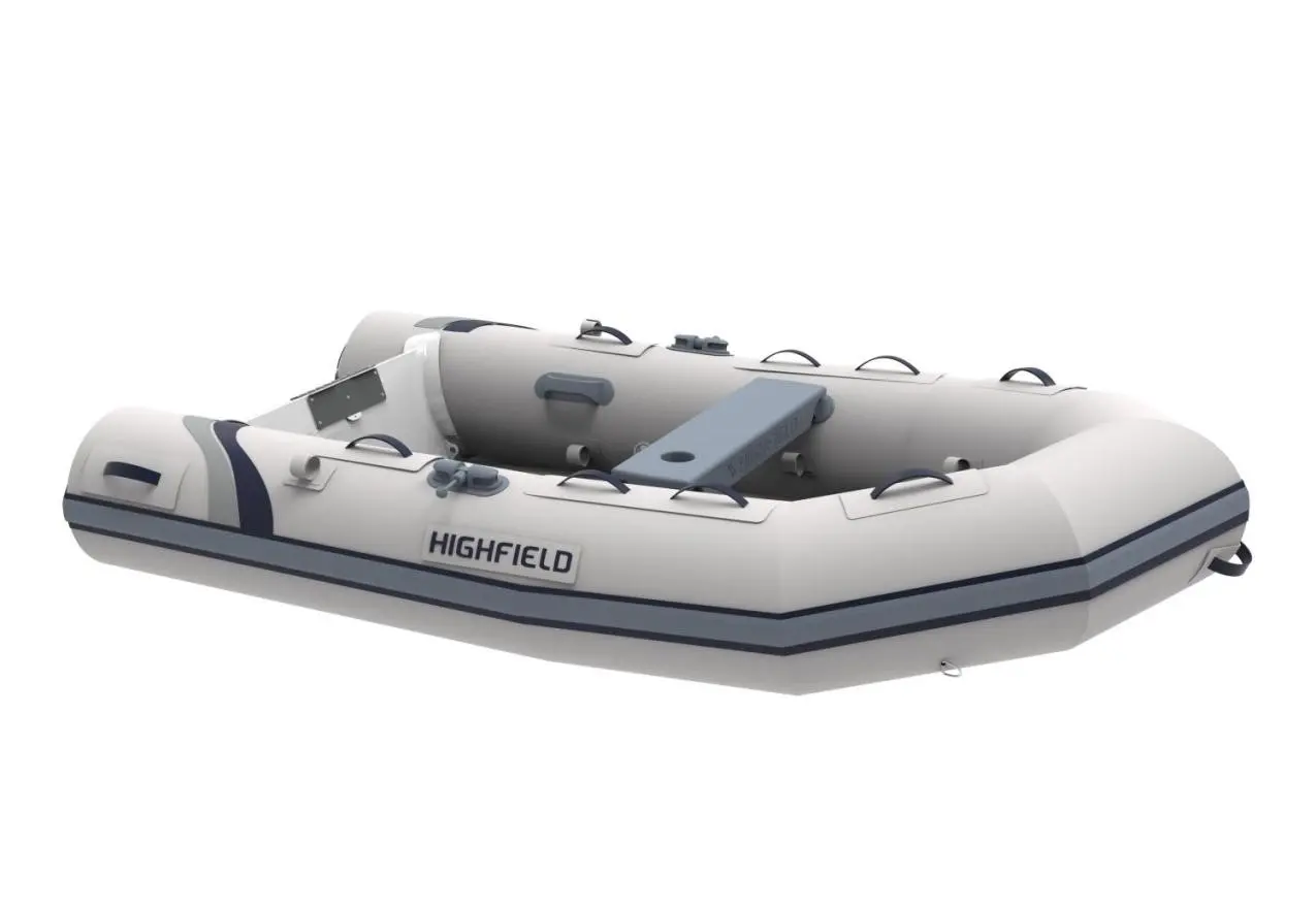 Highfield Roll-Up 280 — Bateau pneumatique gris et blanc présenté de profil sur fond blanc.