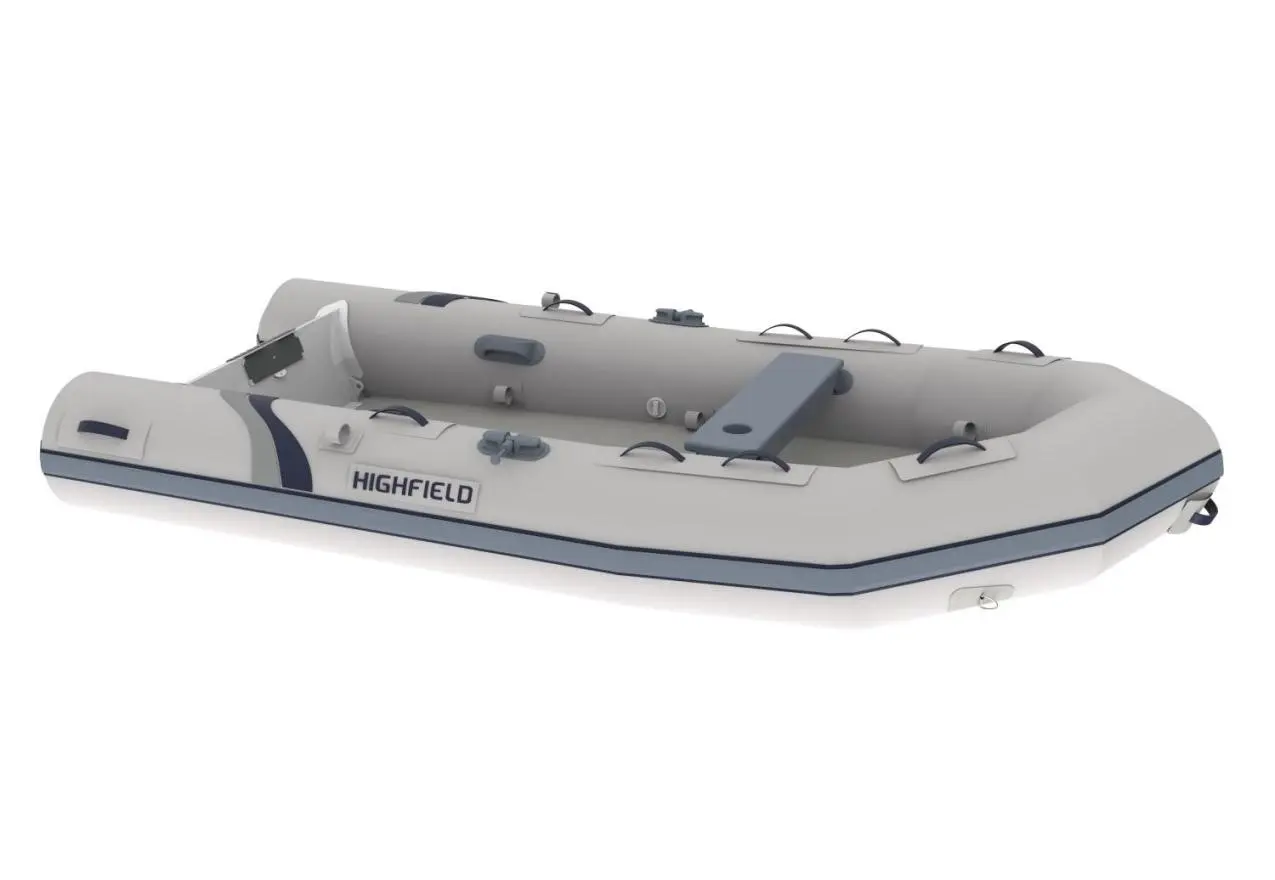 Highfield Roll-Up 320 — Bateau pneumatique gris et blanc présenté sur fond blanc, vu de trois quarts.