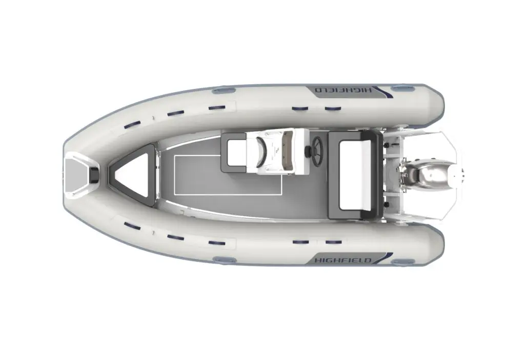 Highfield CL 380 BLT — Vue de dessus d’un semi-rigide blanc avec console et moteur hors-bord.