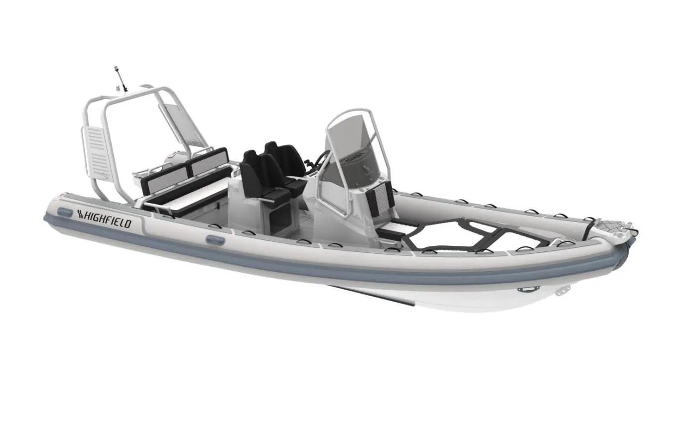 Highfield SP 700 — Bateau pneumatique semi-rigide présenté en vue trois quarts sur fond blanc.