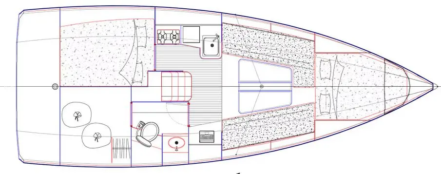 RM Yachts RM 890 — Plan d'aménagement vu du dessus d'un voilier, avec couchages et espaces de vie.