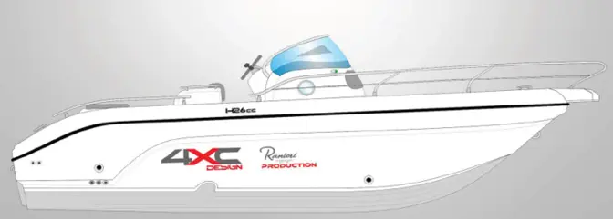 4XC H26CC — Vue latérale d’une vedette blanche à cabine, présentée sur fond gris.