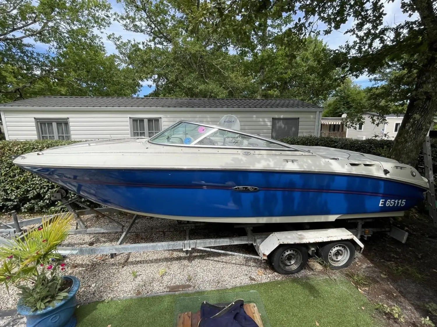 Sea Ray 210 — Bateau à moteur bleu et blanc présenté sur sa remorque dans un jardin.