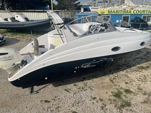 Aquabat sport cruiser — Bateau à moteur blanc et bleu photographié à terre, vu de trois quarts.