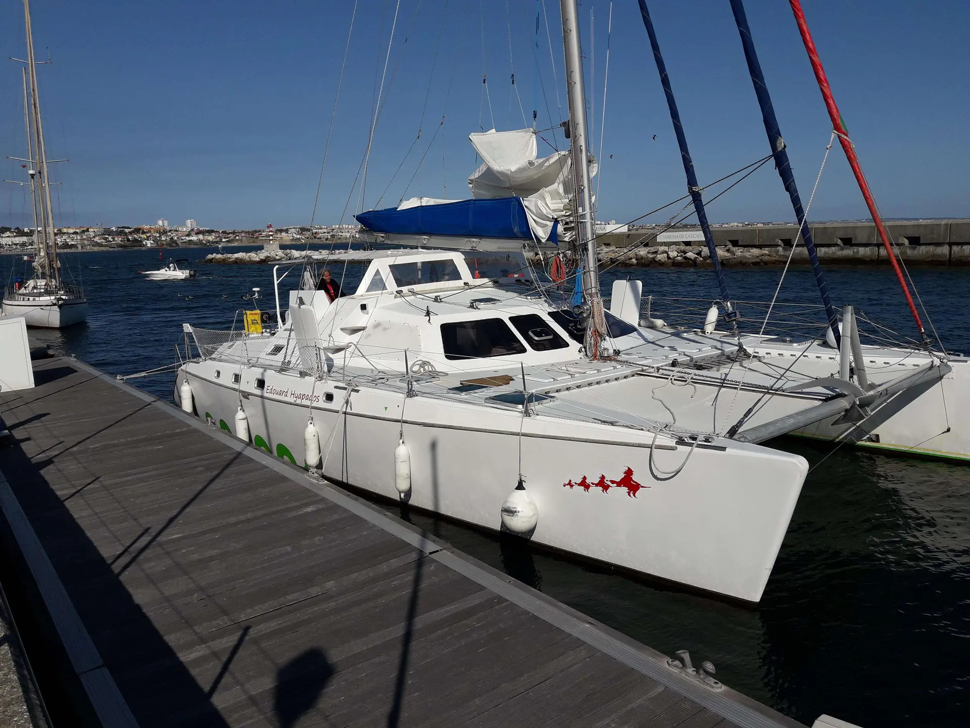 Custom Vplp 48 — Catamaran blanc amarré dans un port, vu de trois quarts avant.