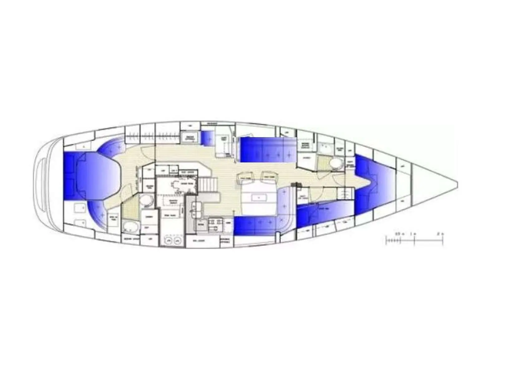 Hallberg Rassy 48 — Plan d’aménagement intérieur d’un voilier avec cabines, carré, cuisine et salles d’eau.