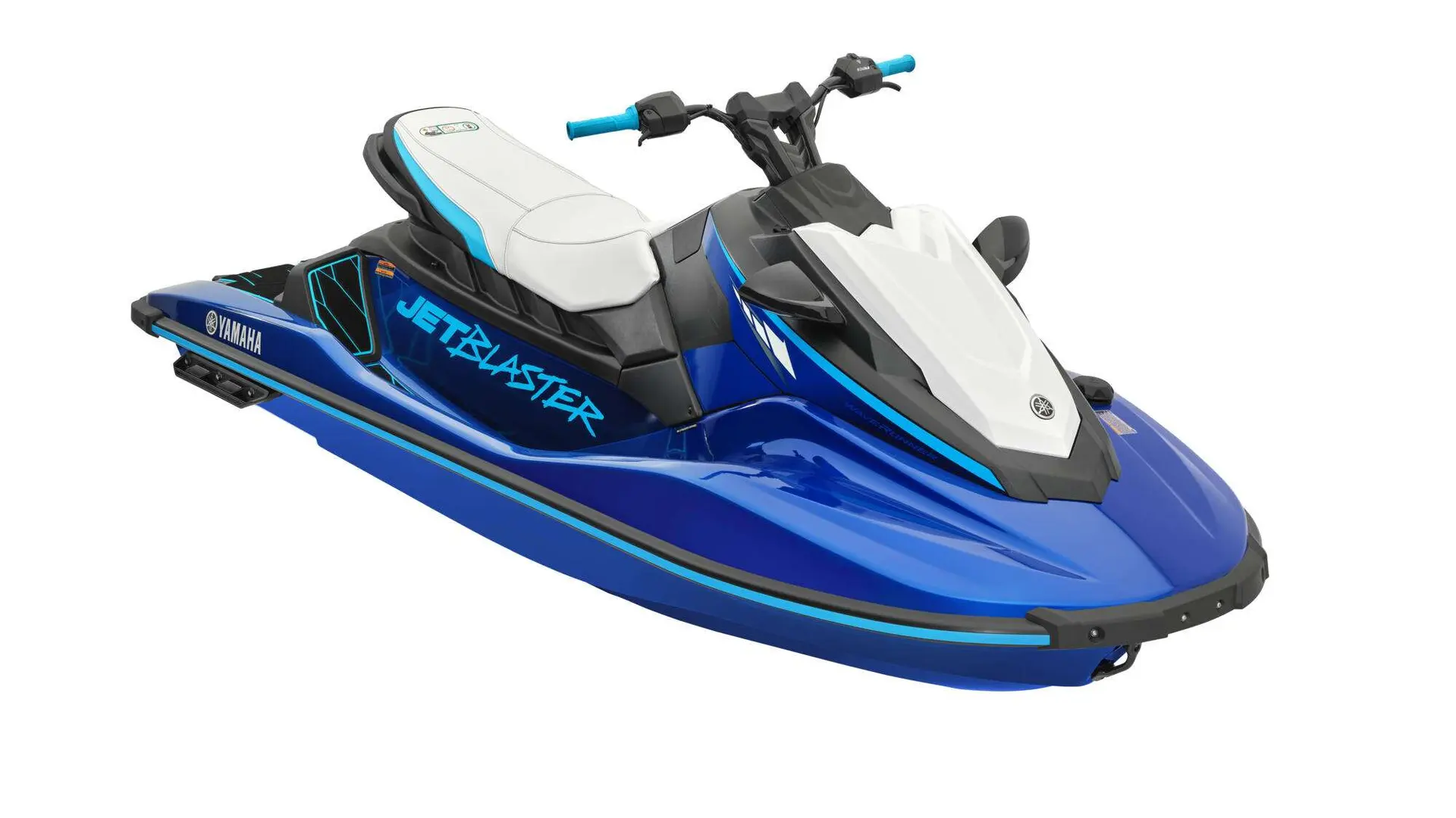 Yamaha Jet Blaster — Jet-ski bleu et blanc présenté en vue trois-quarts sur fond blanc.