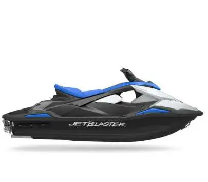 Yamaha Jet Blaster — Vue de profil d’un jet-ski noir et bleu sur fond blanc.