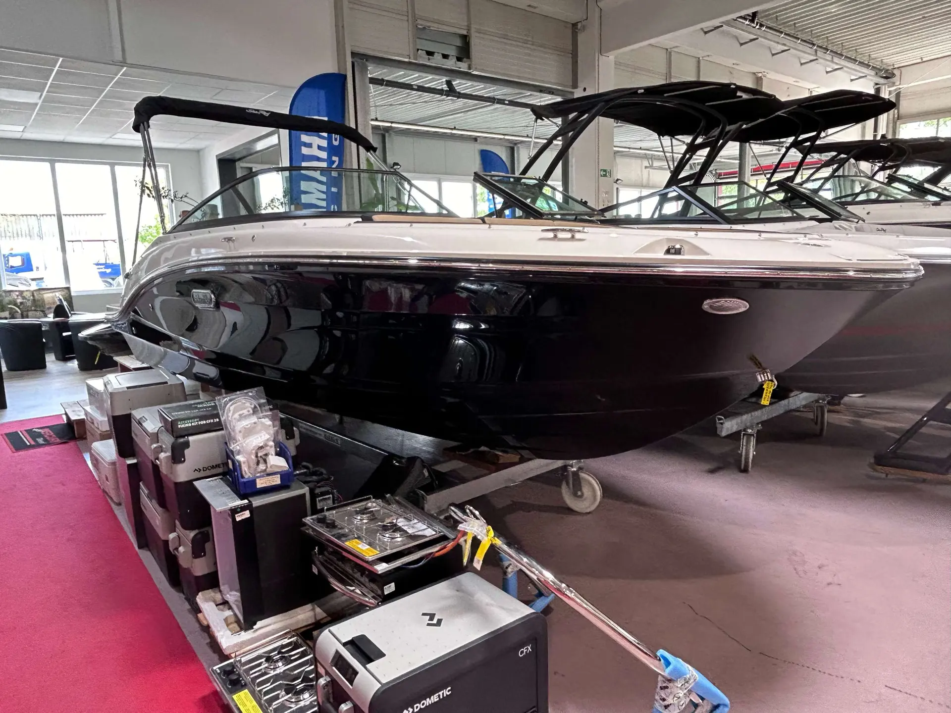 Sea Ray 190 SPXE — Bateau à moteur noir exposé sur remorque dans un showroom.