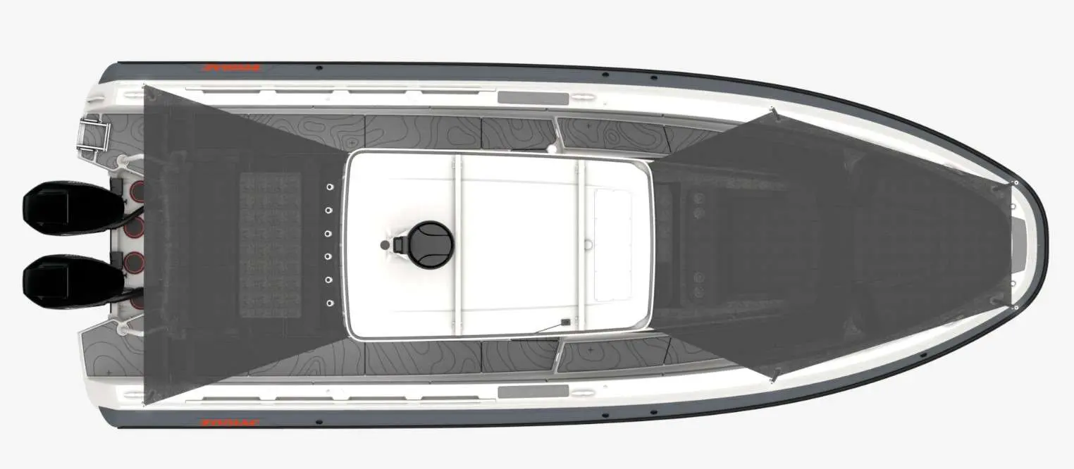 Zodiac X10 CC — Vue aérienne d’un bateau pneumatique avec double motorisation hors-bord.