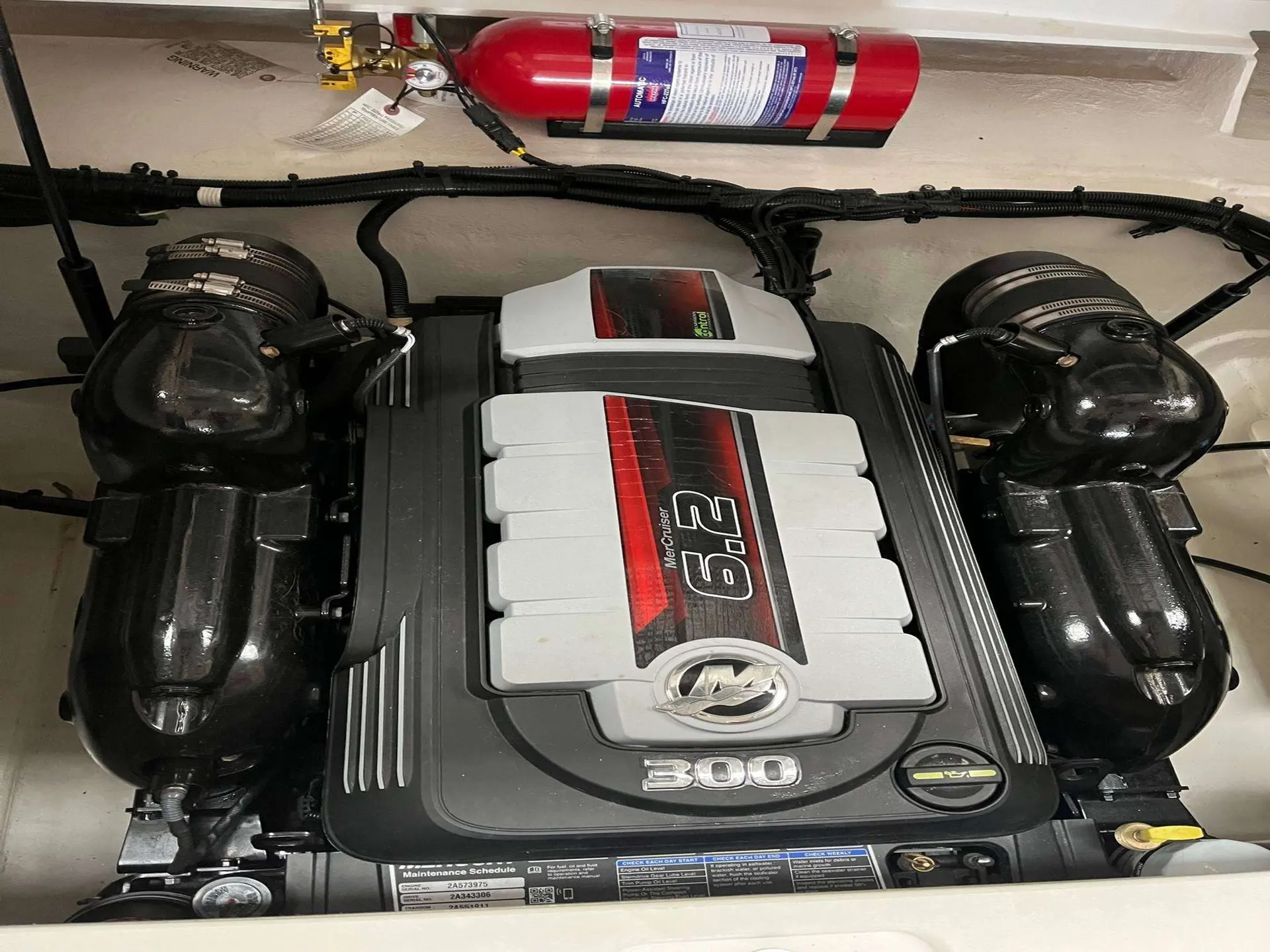 Sea Ray 250 SLXE — Compartiment moteur montrant un moteur marin Mercury de 300 ch et ses composants.