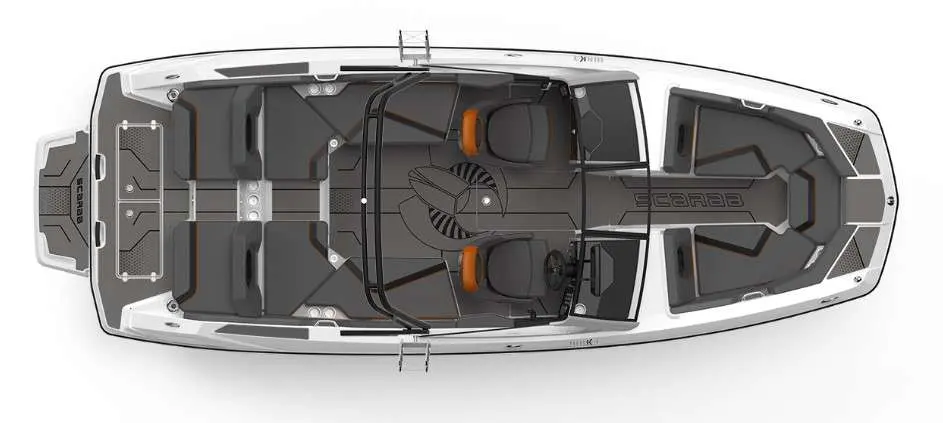 Scarab Boats Scarab — Vue aérienne d’un bateau à moteur montrant clairement son aménagement extérieur.
