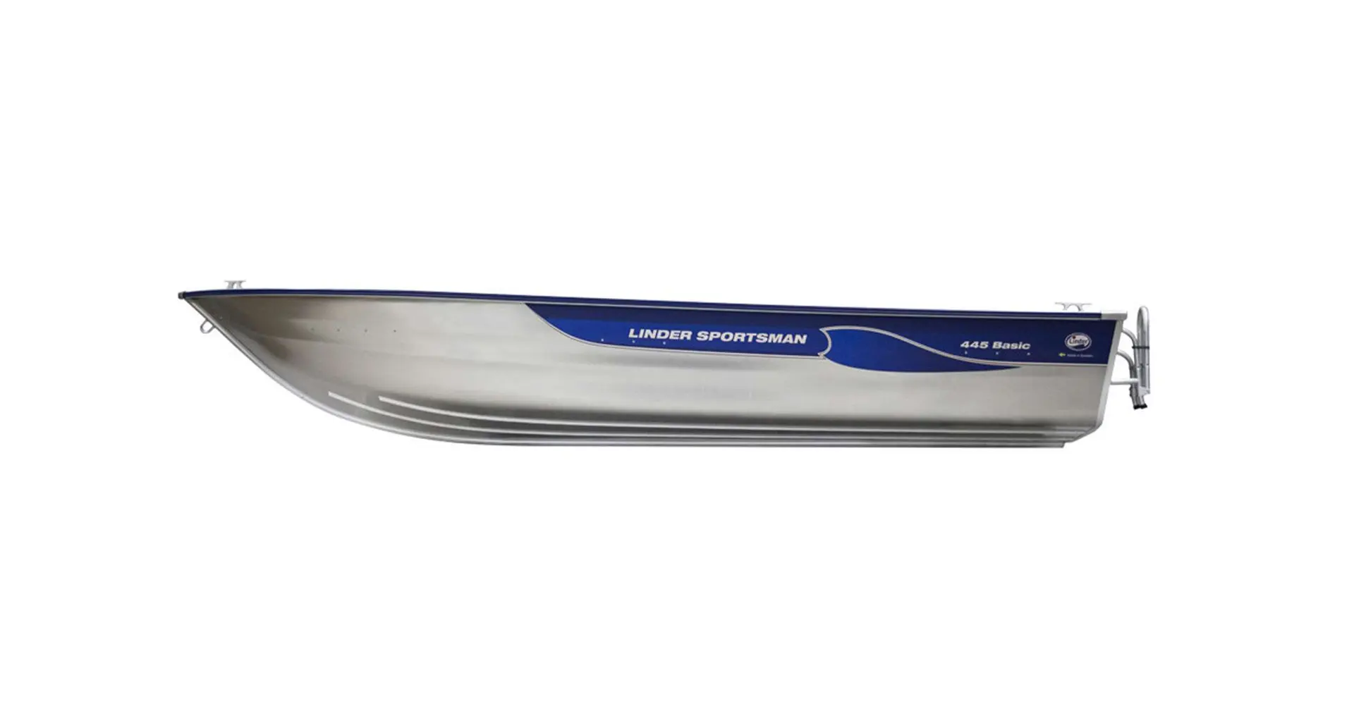 Linder Sportsman 445 — Vue latérale d’une embarcation en aluminium sur fond blanc.
