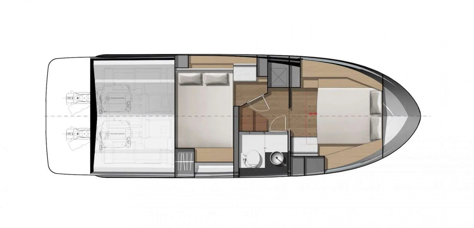 Jeanneau NC 33 — Plan d’aménagement intérieur d’un bateau avec cabines, salon et espace sanitaire.