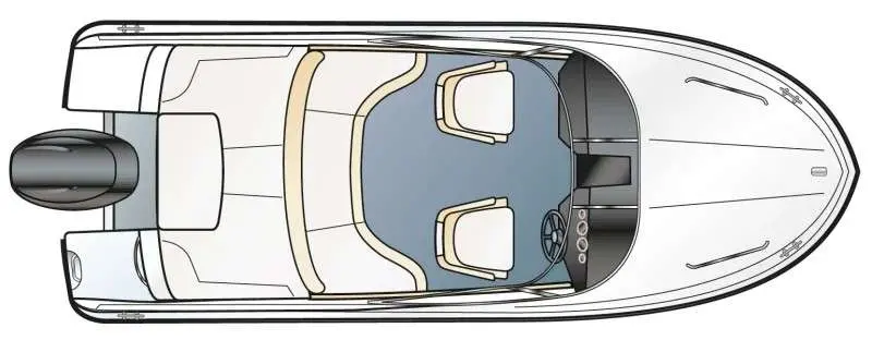 Auster 520 CD — Vue de dessus d’un bateau avec cockpit central, sièges et moteur hors-bord.