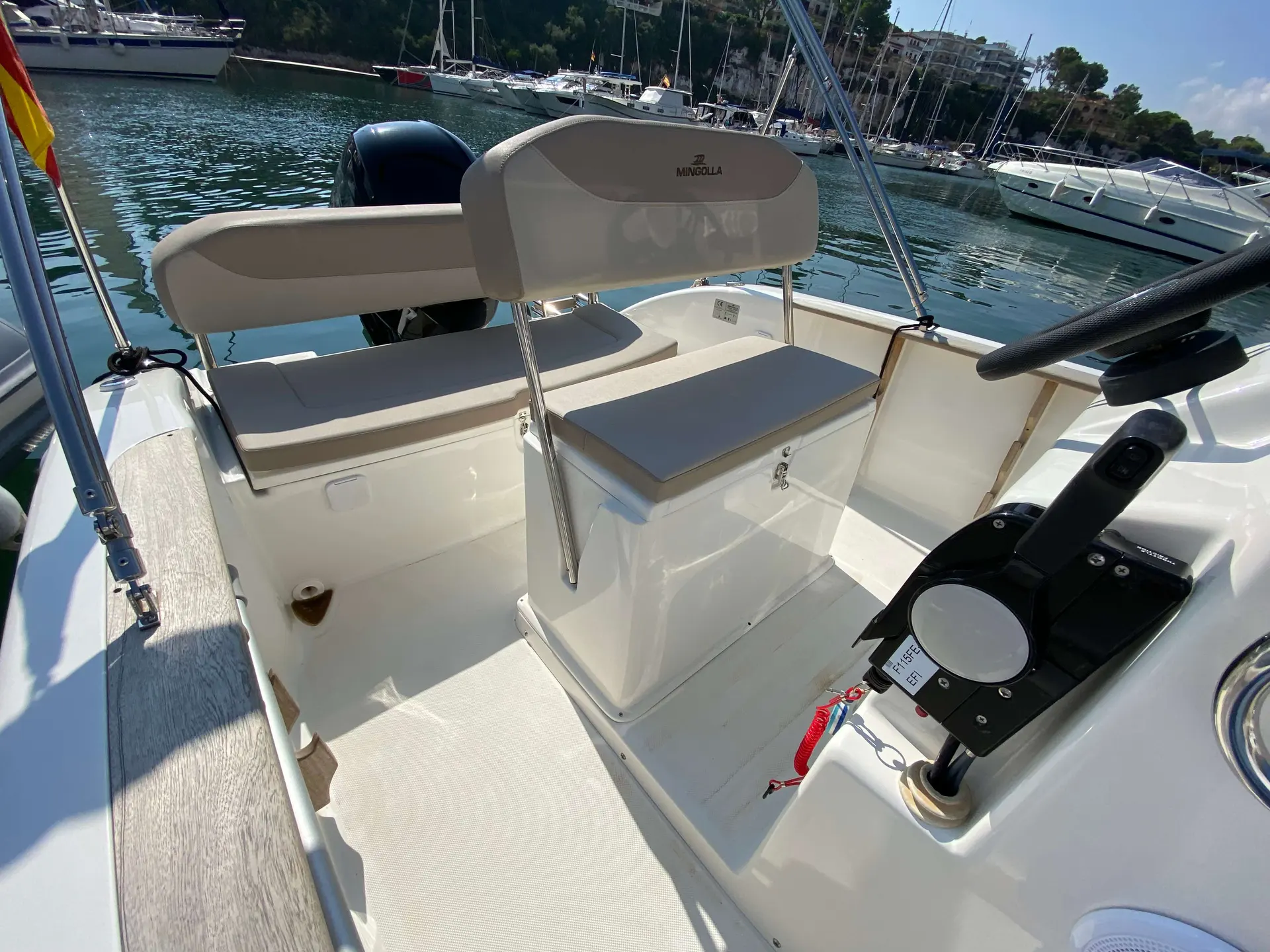 Mingolla Brava 19 — Vue du cockpit arrière avec banquettes, console de pilotage et moteur hors-bord.